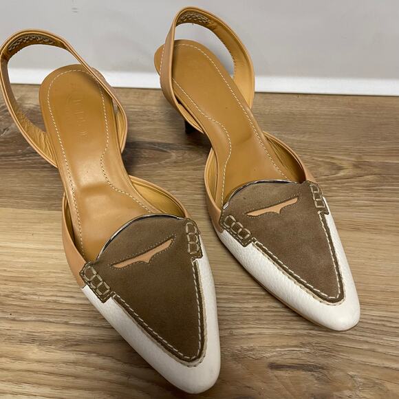 Tod’s Debbie Slingback pumps pointed toe loafer style tan brow white size 8.5 - Picture 3 of 11